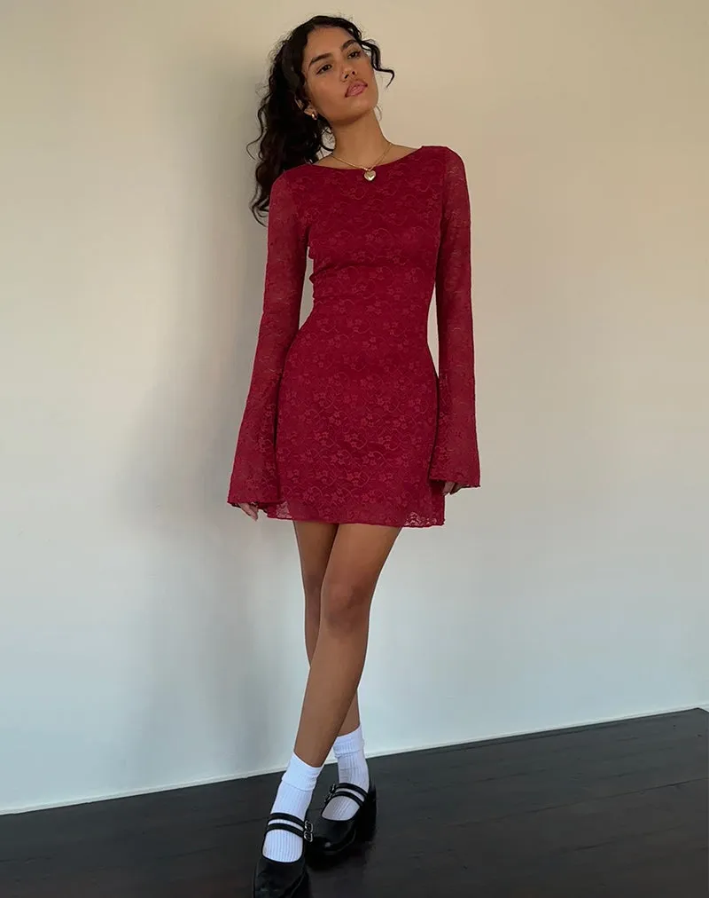 Sevila Long Sleeve Mini Dress in Deep Red Lace sold by Motel Rocks product image thumbnail 4