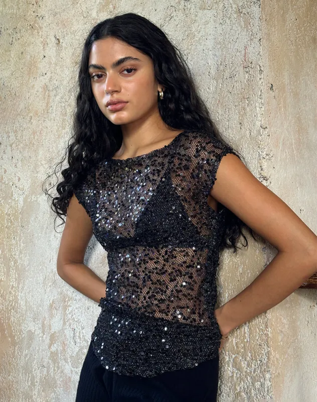 Nova Top in Sequin Mesh Black sold by Motel Rocks