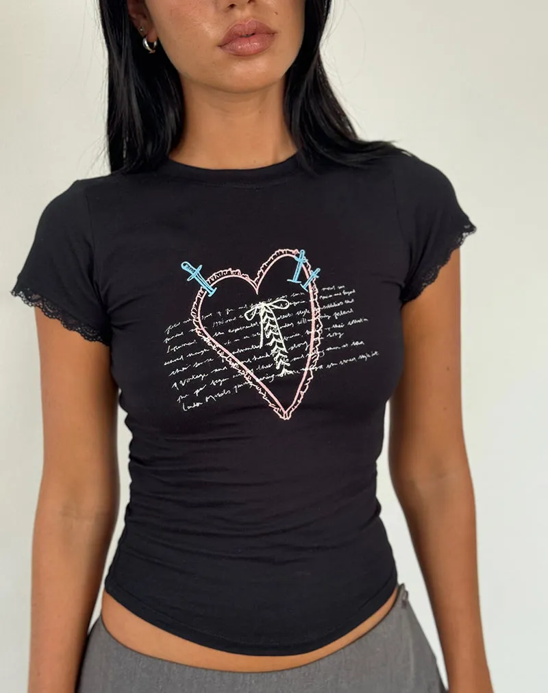 Izzy Lace Trim Tee in Black Lace Up Heart Motif sold by Motel Rocks product image thumbnail 2