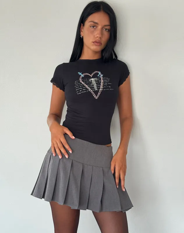 Izzy Lace Trim Tee in Black Lace Up Heart Motif sold by Motel Rocks