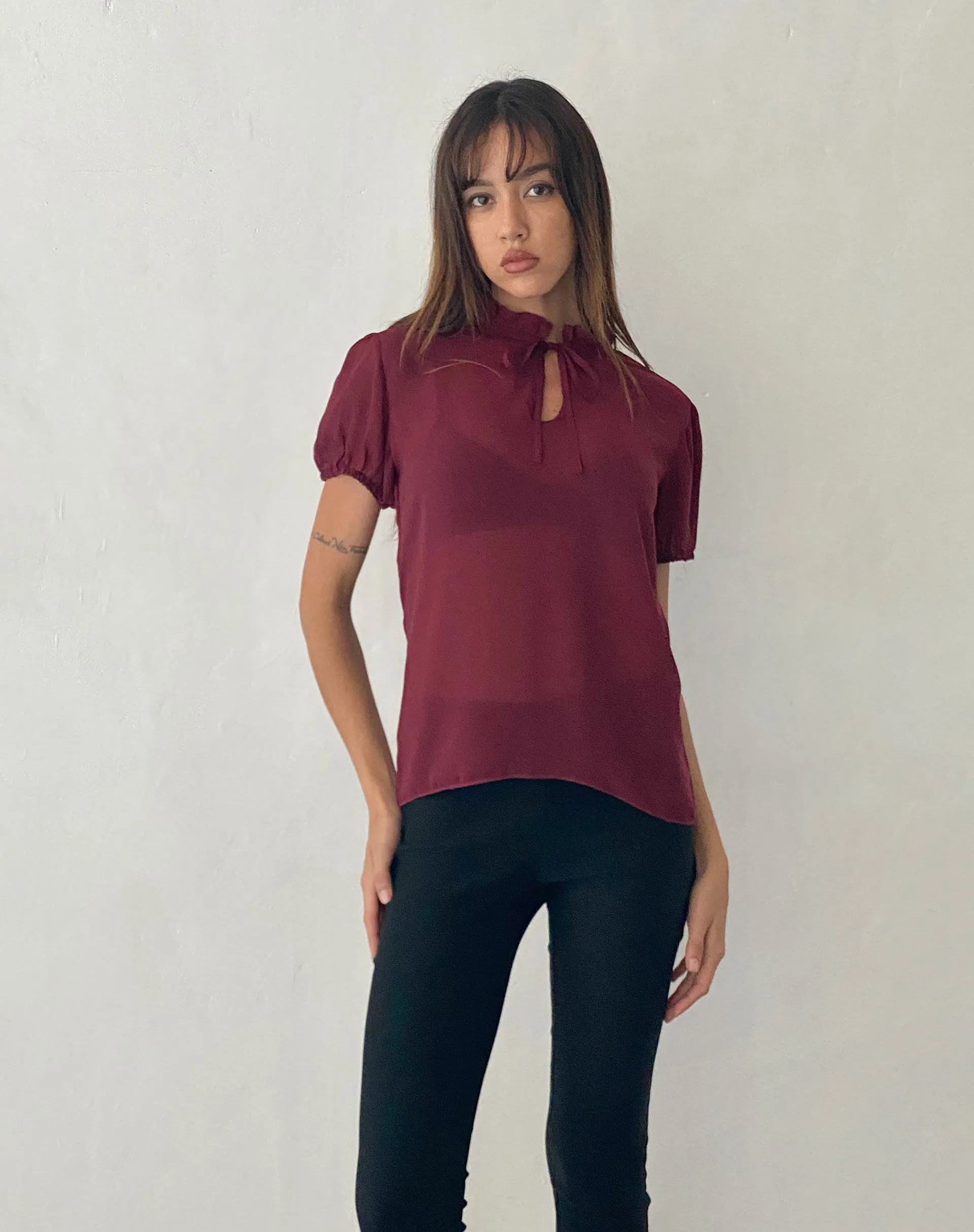 Enzo High Neck Blouse in Oxblood Chiffon sold by Motel Rocks product image thumbnail 2