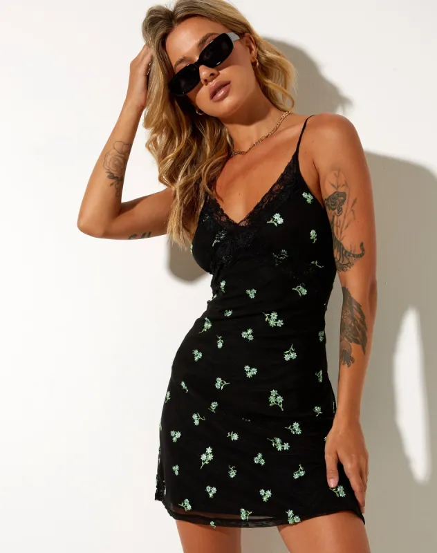 Coline Mini Dress in Black Daisy Lime Embro sold by Motel Rocks
