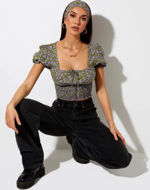 Raquel Crop Top in Autumn Blossom Khaki sold by Motel Rocks