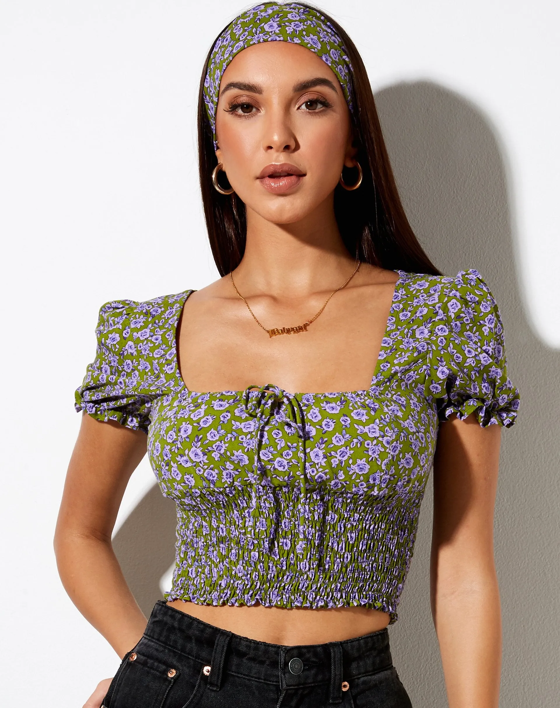 Raquel Crop Top in Autumn Blossom Khaki sold by Motel Rocks product image thumbnail 4