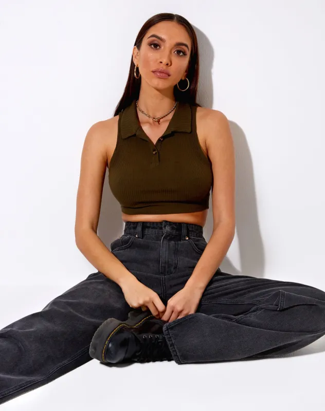 Guaco Crop Top in Rib Khaki sold by Motel Rocks