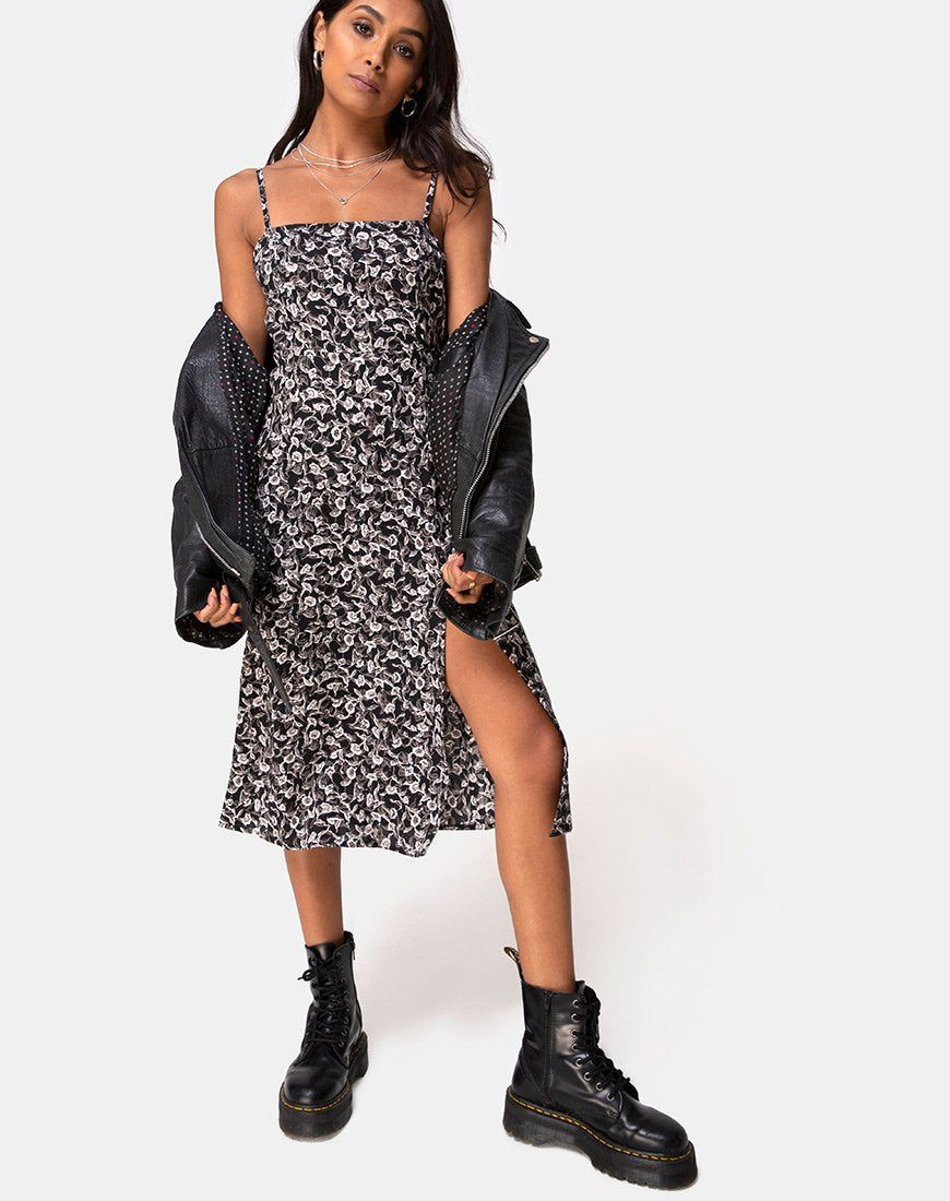 Kaoya Midi Dress in Wild Tulip Black sold by Motel Rocks