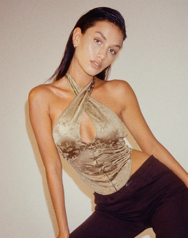 Tukasa Corset Top in Botanist Flocking Olive sold by Motel Rocks