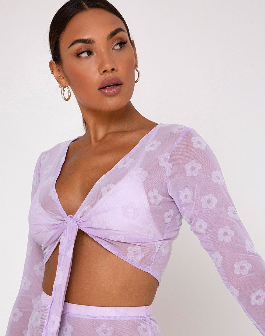 Yun Crop Top in Lilac Mesh Daisy White Flock sold by Motel Rocks