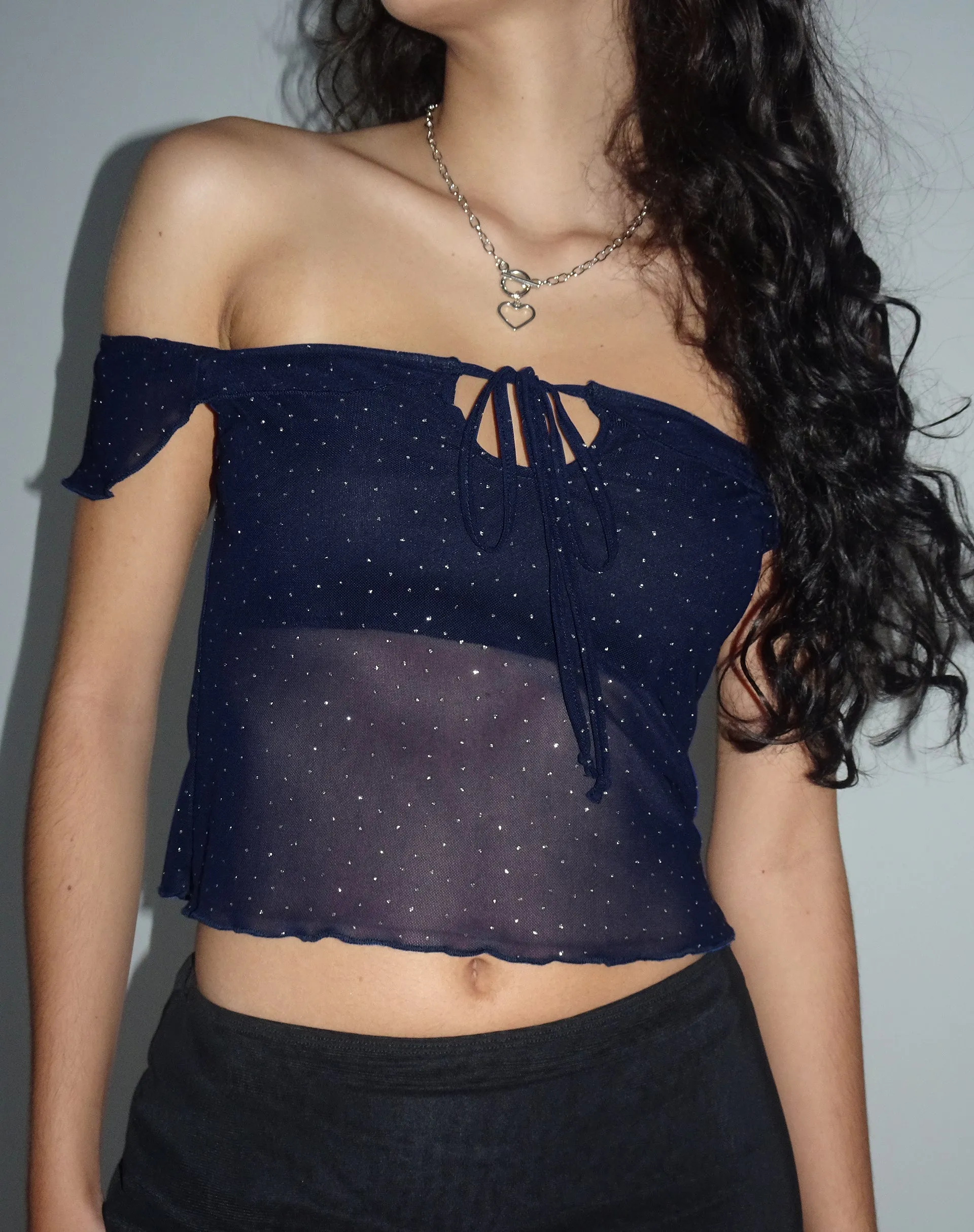 Nabil Bardot Crop Top in Mesh Navy sold by Motel Rocks