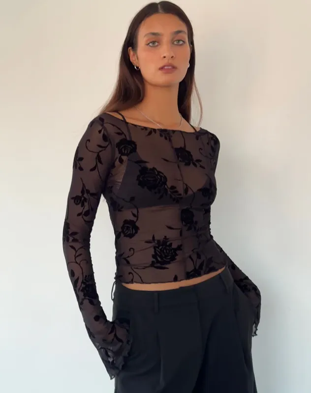 Zerlin Unlined Long Sleeve Top in Rose Flock Black sold by Motel Rocks