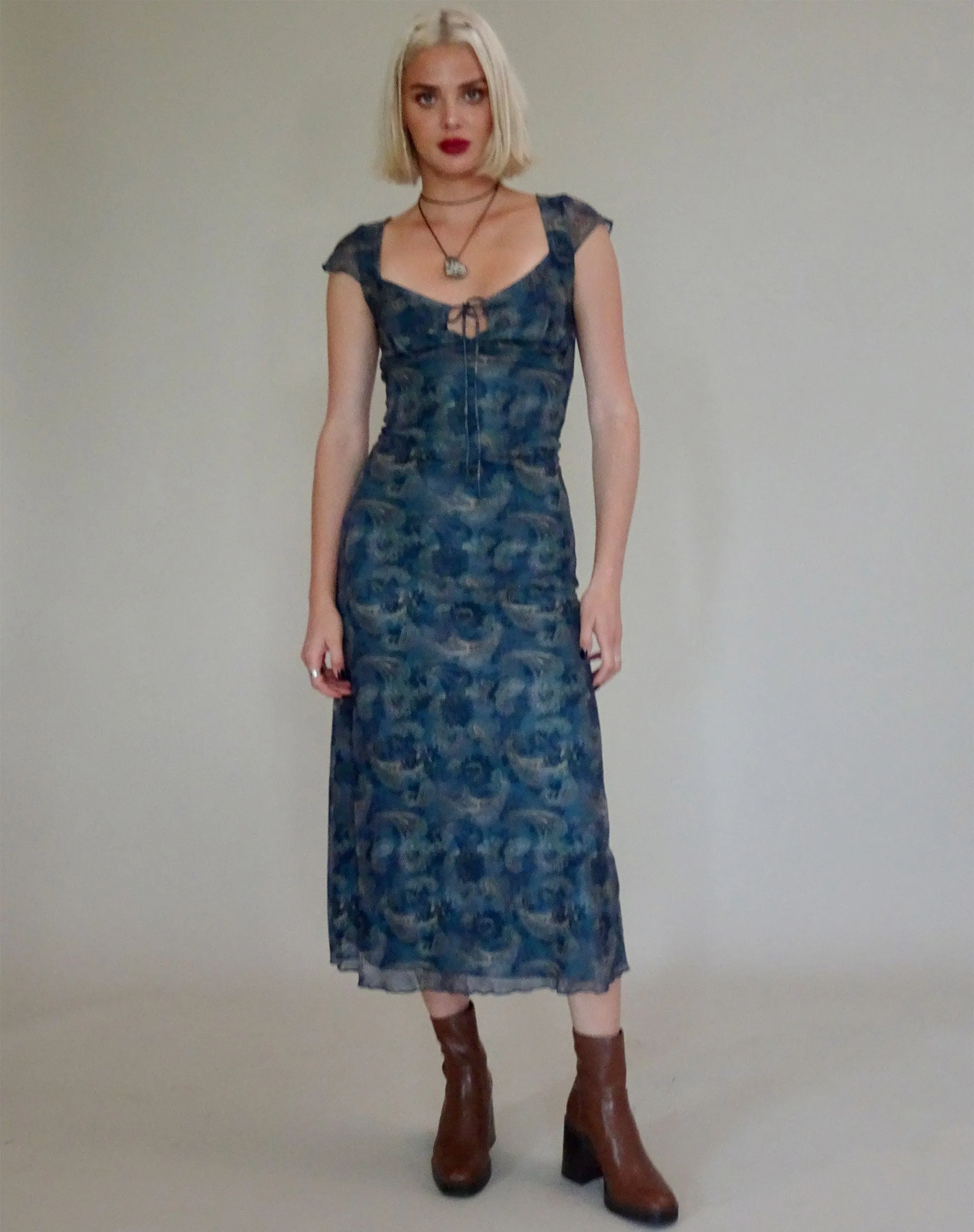 Lunama Mesh Midi Dress in Tonal Blue Paisley sold by Motel Rocks