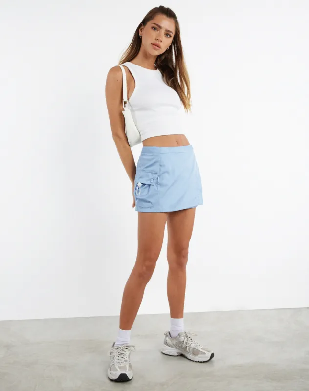 Zephyr Mini Cargo Skirt in Cotton Drill Blue sold by Motel Rocks