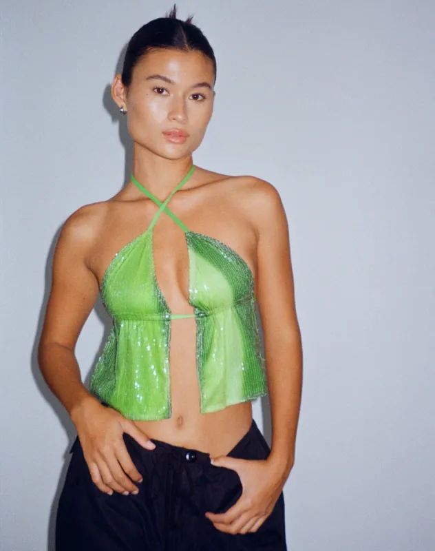 Runita Halter Top in Sequin Solarized Green made by Motel Rocks