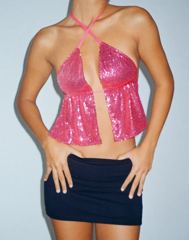 Runita Halter Top in Mini Sequin Metallic Pink made by Motel Rocks