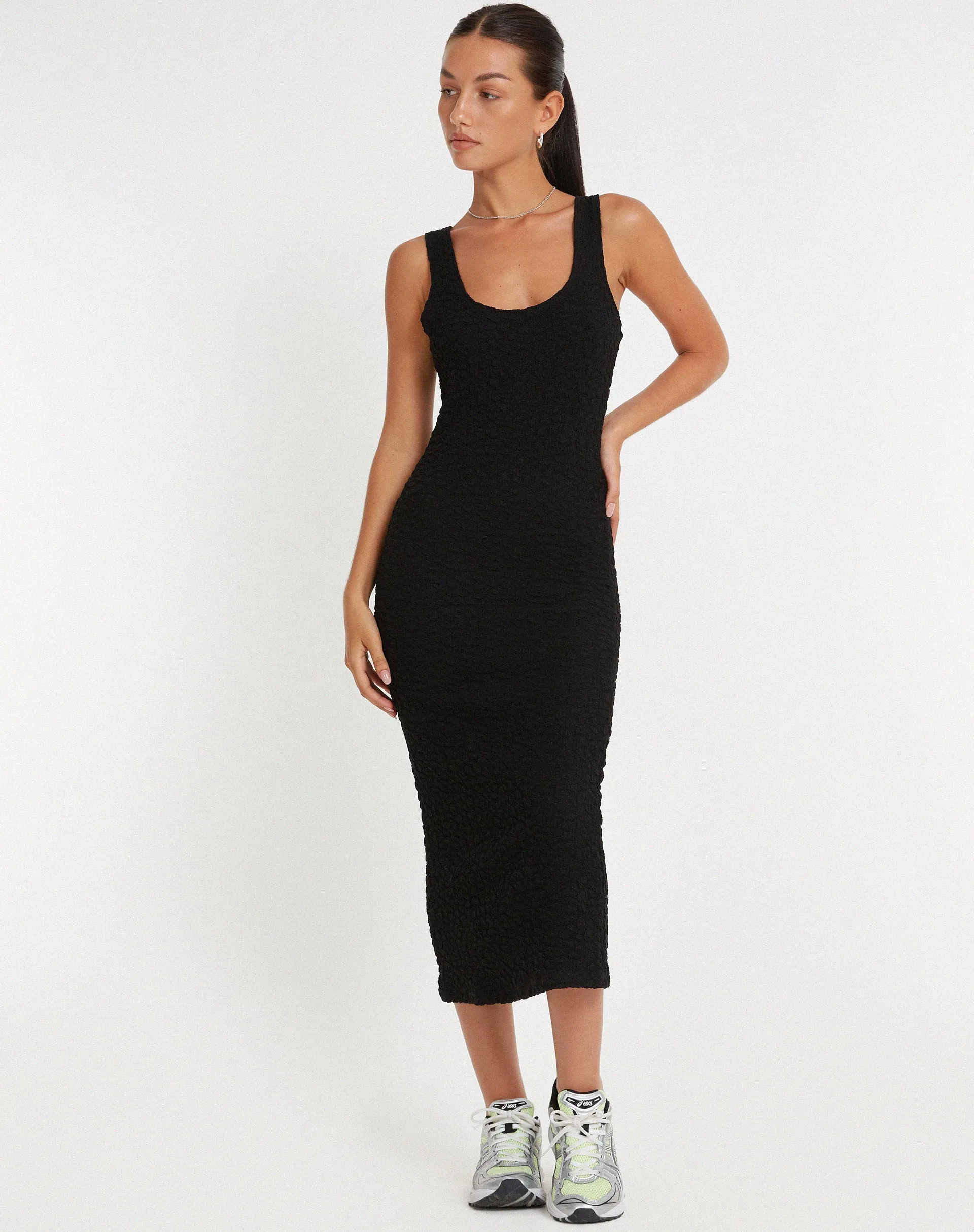 Roski Textured Midi Dress in Black sold by Motel Rocks