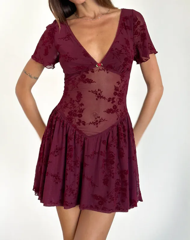Geni Mini Dress in Botanical Flower Maroon sold by Motel Rocks