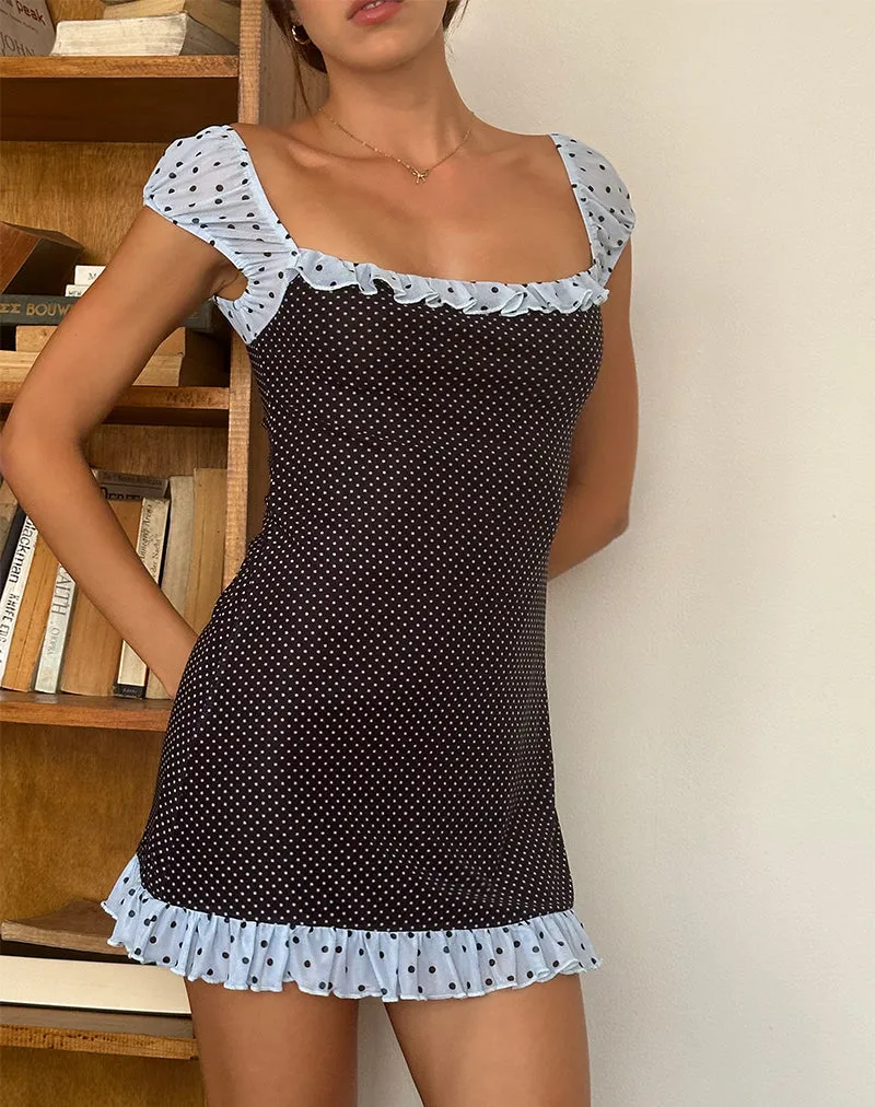 Sevda Mini Dress in Blue Black Basic Polka sold by Motel Rocks