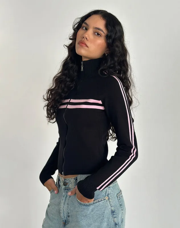 Talisa Zip Through Jacket in Black with Pink Stripe sold by Motel Rocks