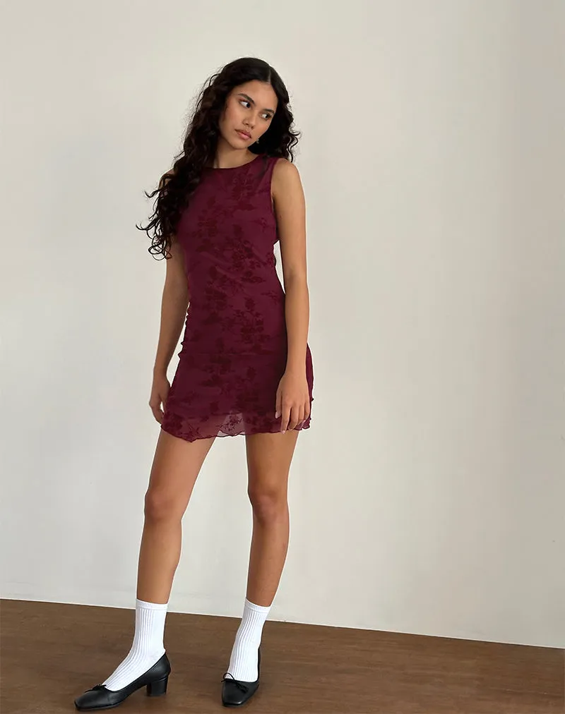 Renata Mini Dress in Flocked Botanical Flower Maroon sold by Motel Rocks product image thumbnail 3
