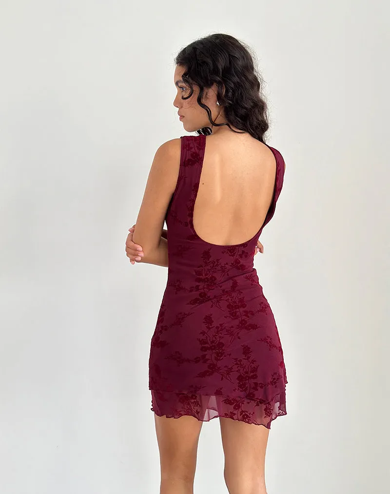 Renata Mini Dress in Flocked Botanical Flower Maroon sold by Motel Rocks product image thumbnail 2