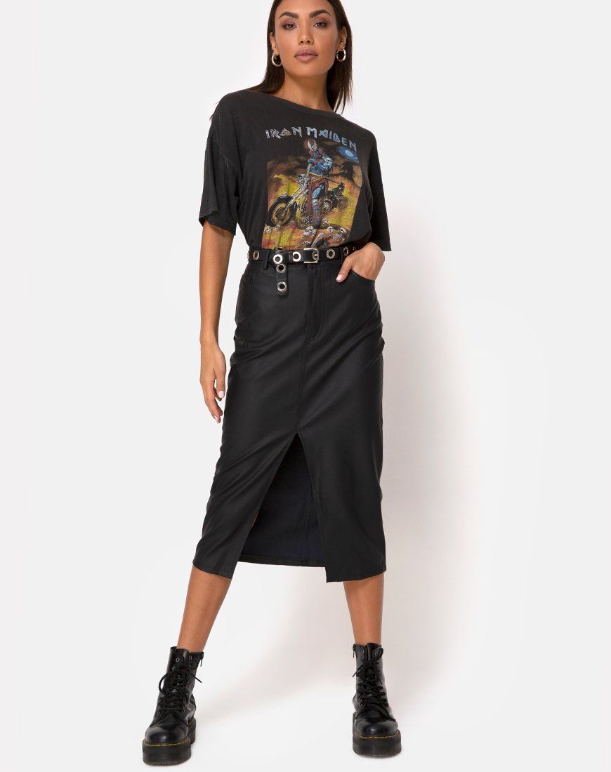 Pyra Midi Skirt in PU Black sold by Motel Rocks