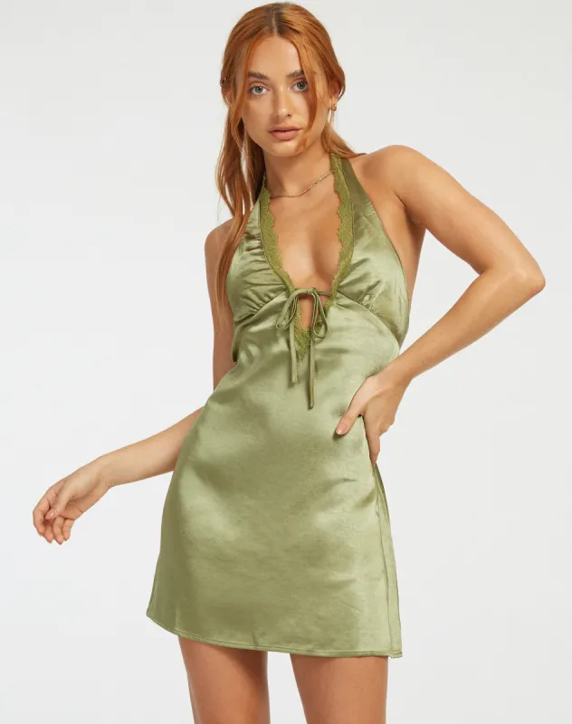 Maruko Mini Dress in Satin Olive sold by Motel Rocks