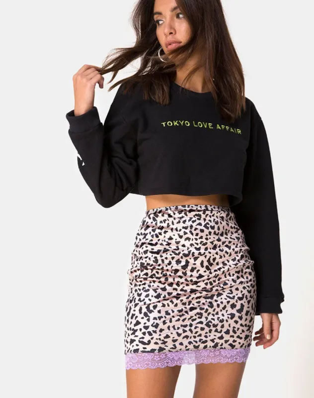 Cherry Skirt in Animal Satin with Lilac Lace sold by Motel Rocks