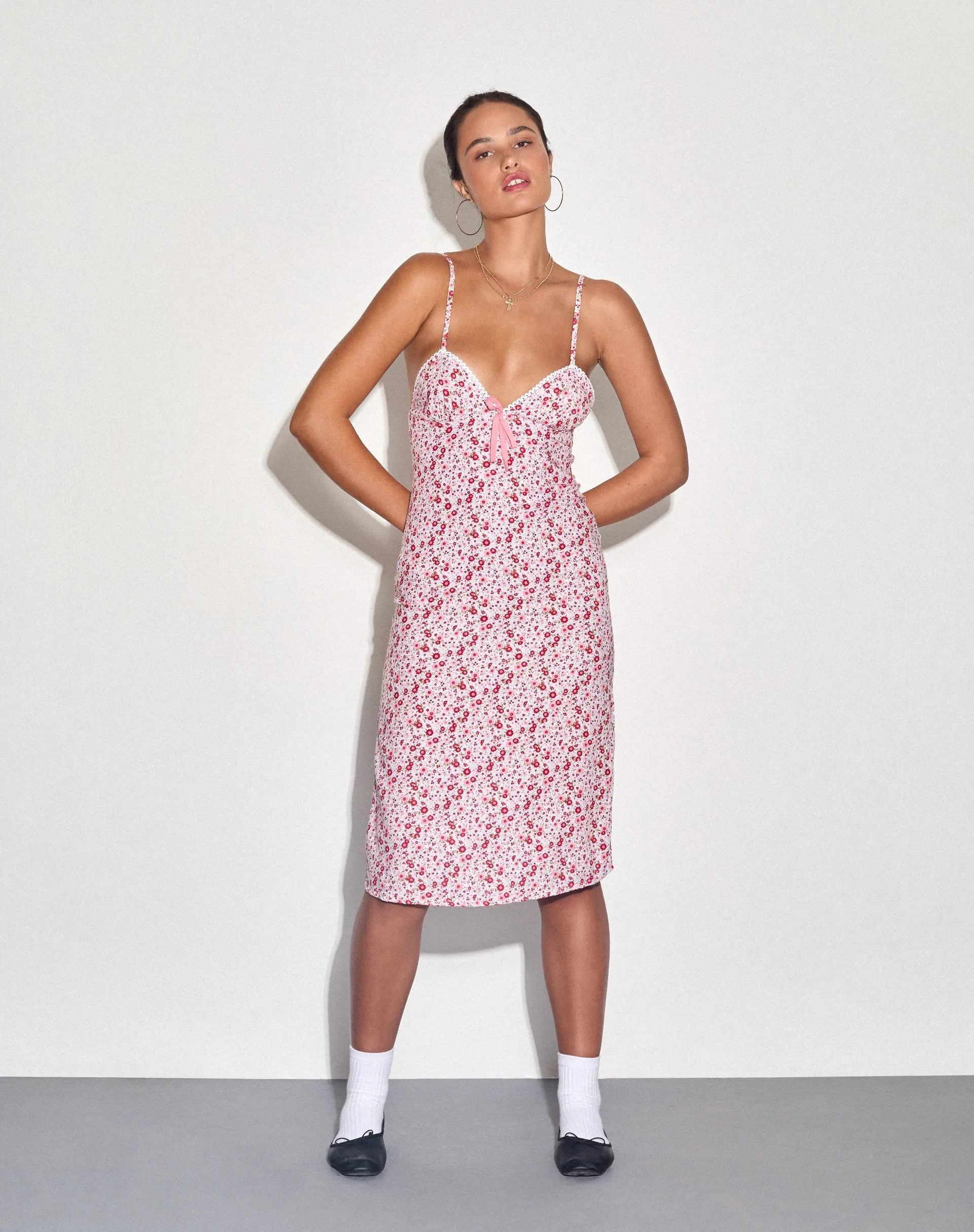 Sharon Midi Dress in Blush Red Ditsy Floral sold by Motel Rocks