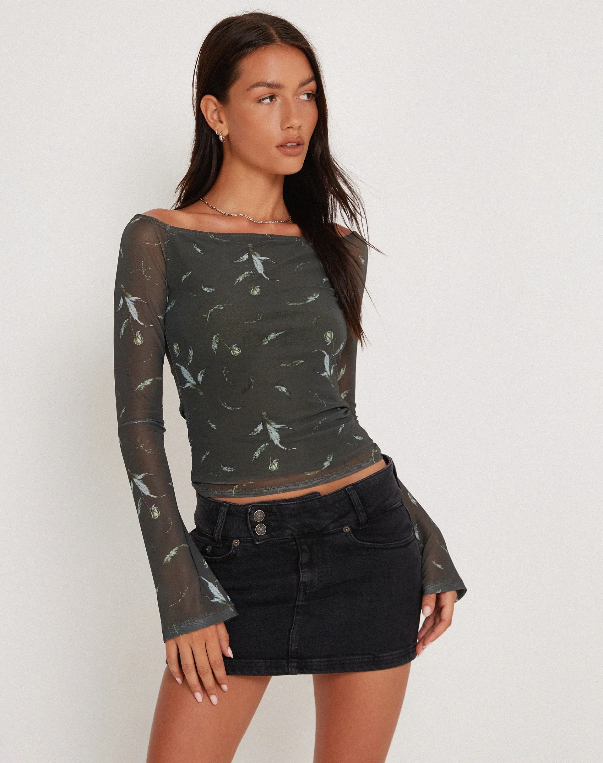 Neira Long Sleeve Mesh Bardot Top in Floral Khaki Silhouette sold by Motel Rocks product image thumbnail 3