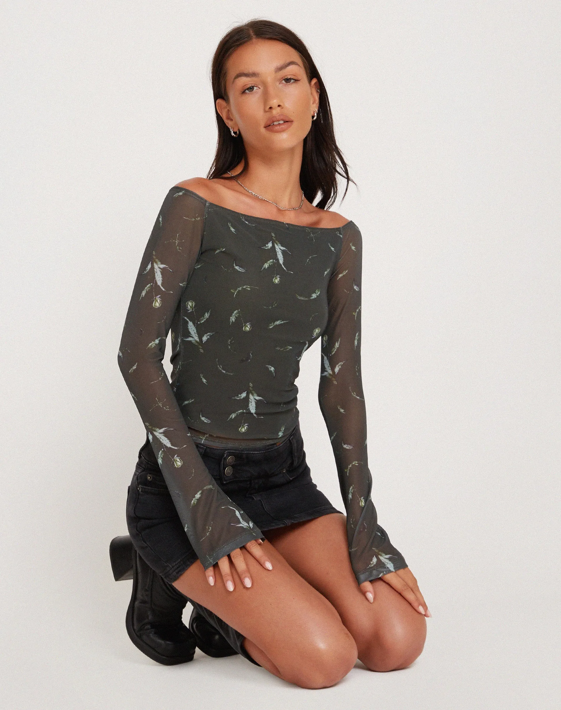 Neira Long Sleeve Mesh Bardot Top in Floral Khaki Silhouette sold by Motel Rocks product image thumbnail 2