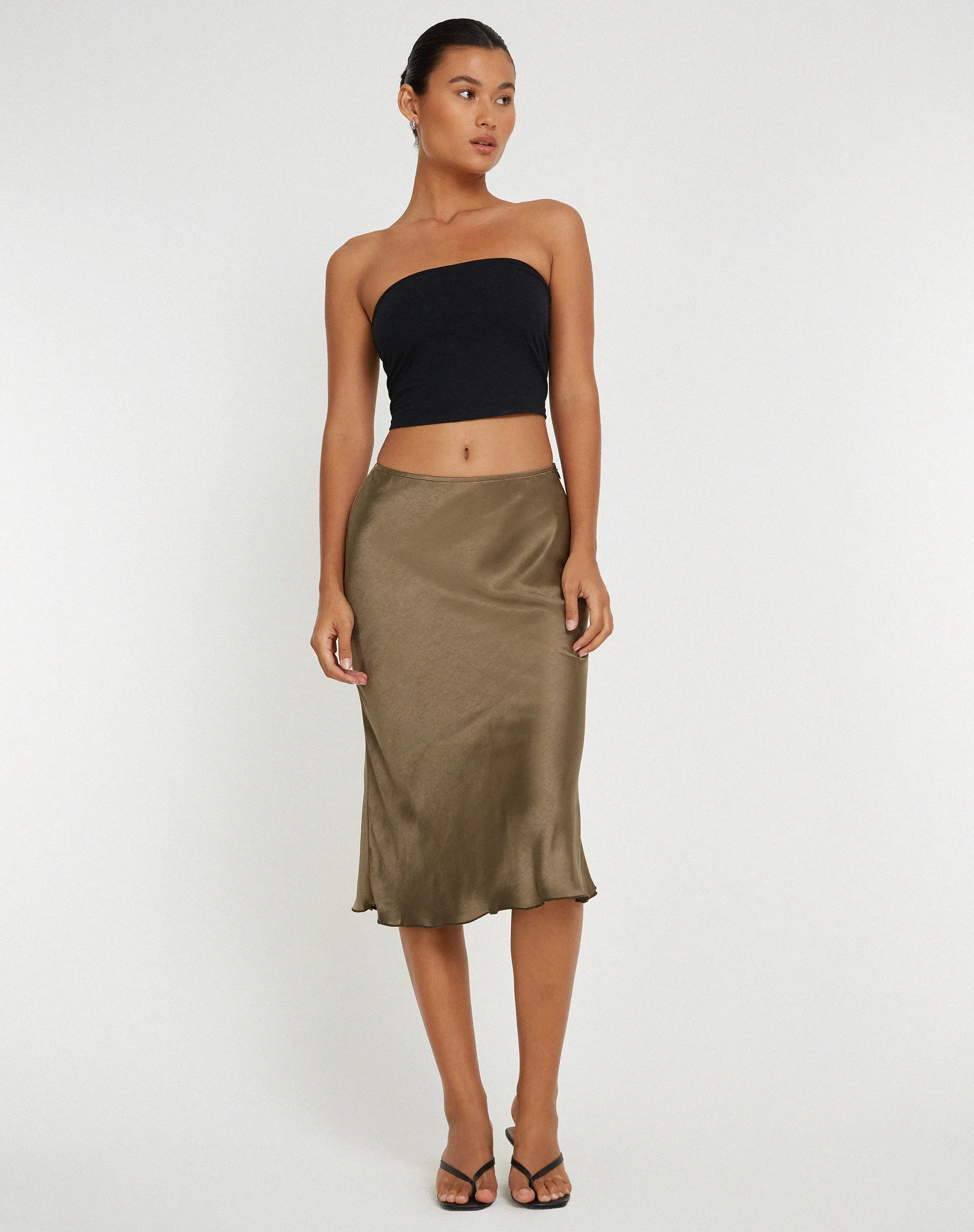 Goya Midi Skirt in Satin Dark Olive sold by Motel Rocks product image thumbnail 3