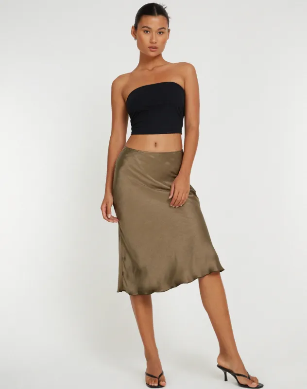 Goya Midi Skirt in Satin Dark Olive sold by Motel Rocks