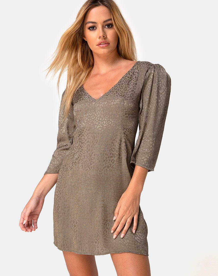 Dumia Mini Dress in Satin Cheetah Silver Grey sold by Motel Rocks
