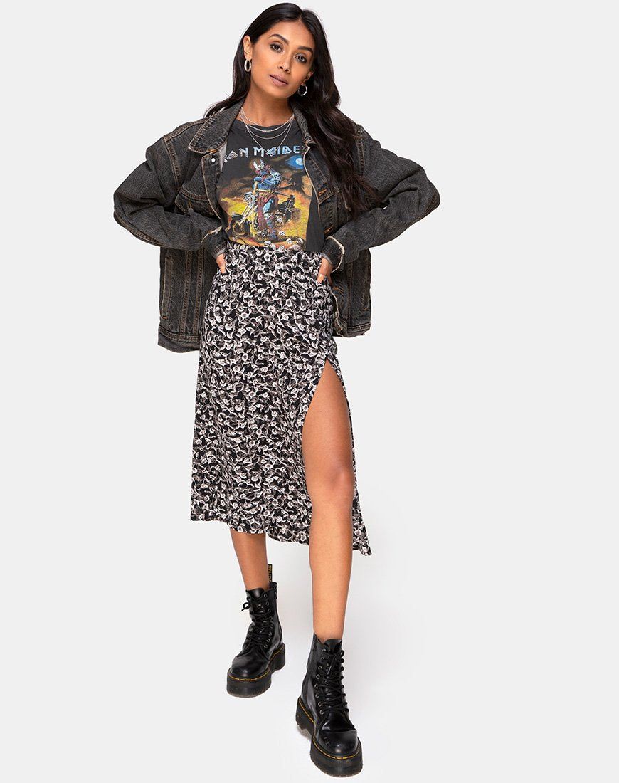 Saika Midi Skirt in Wild Tulip Black sold by Motel Rocks