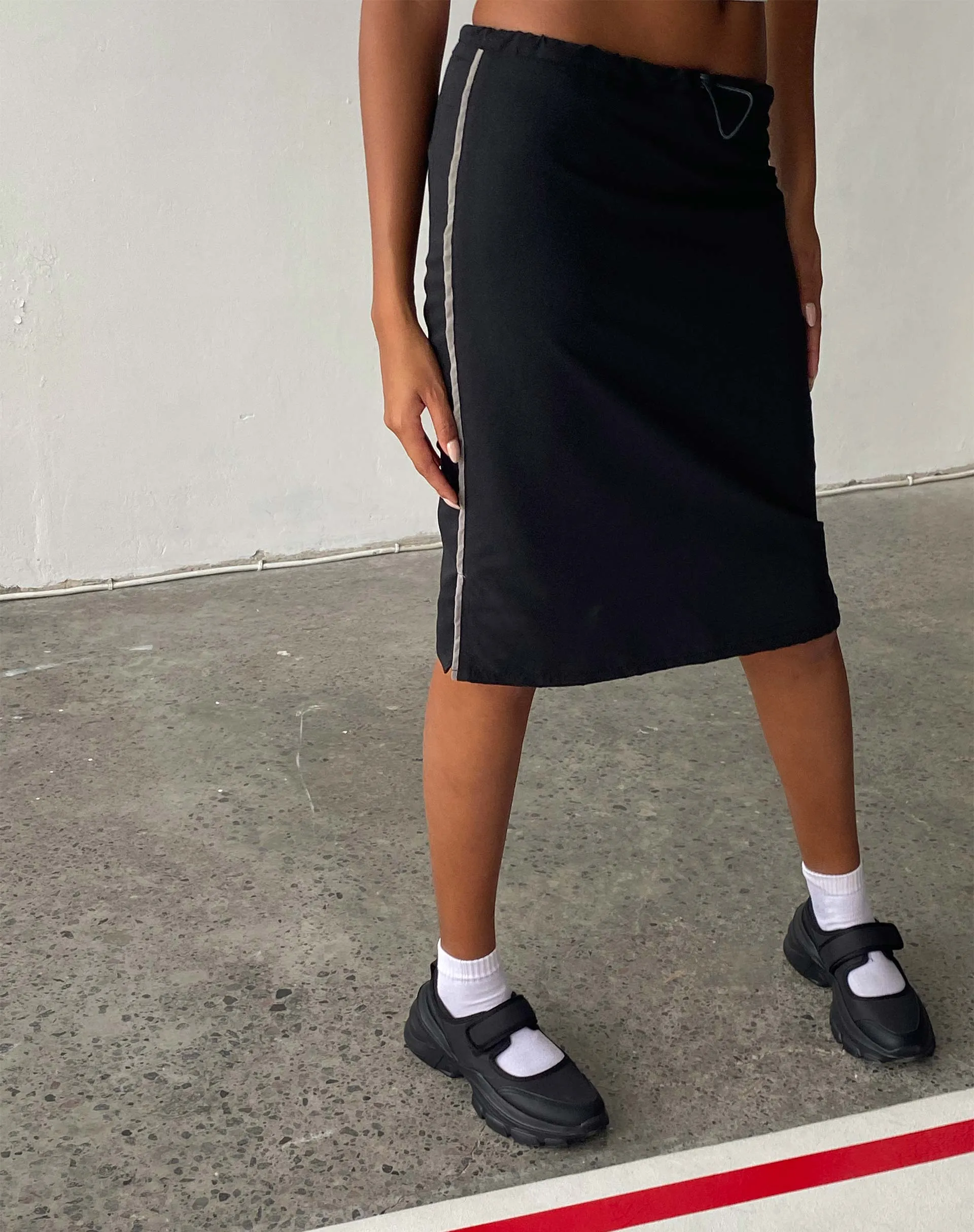 Ashlyn Cargo Midi Skirt in Black with White Stripe sold by Motel Rocks