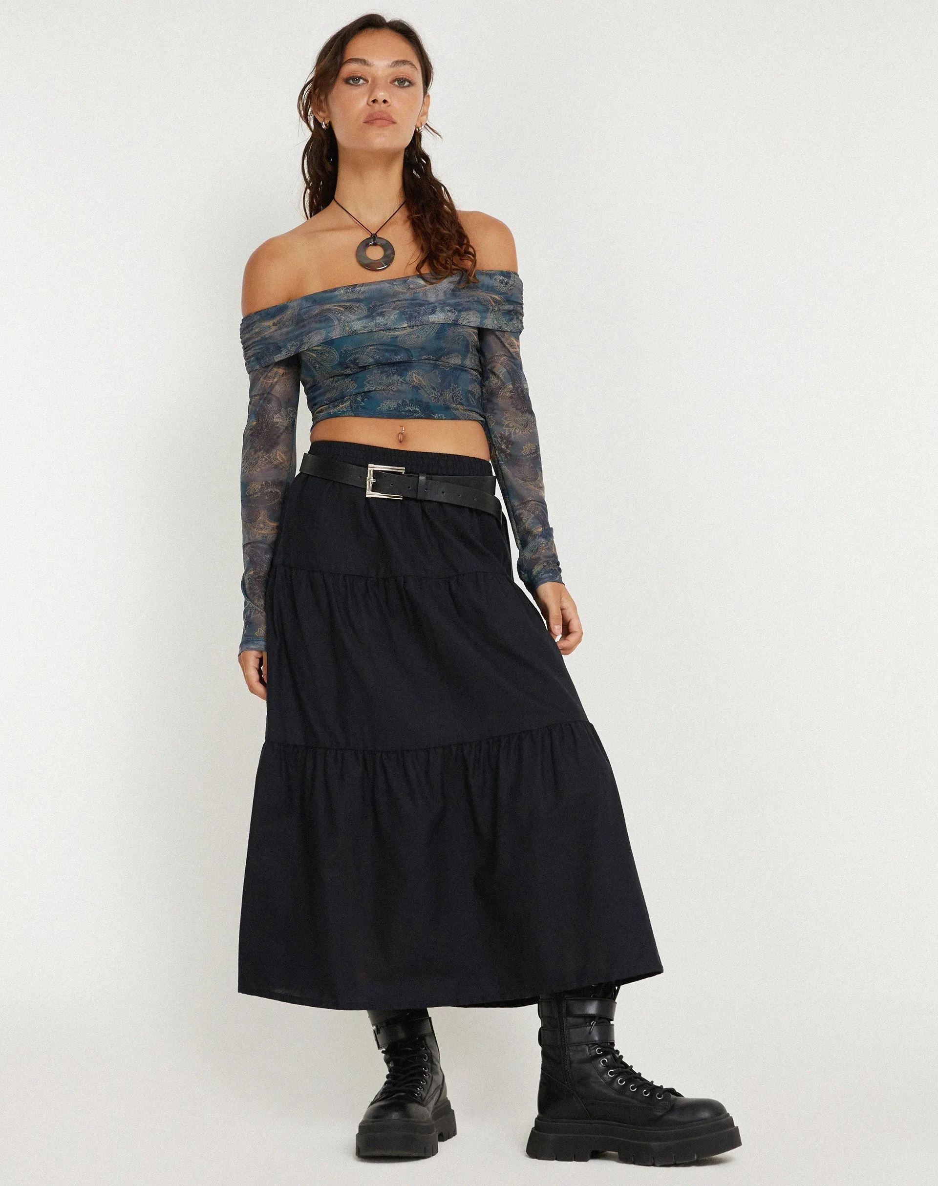 Nagini Long Sleeve Bardot Top in Tonal Blue Paisley sold by Motel Rocks product image thumbnail 4