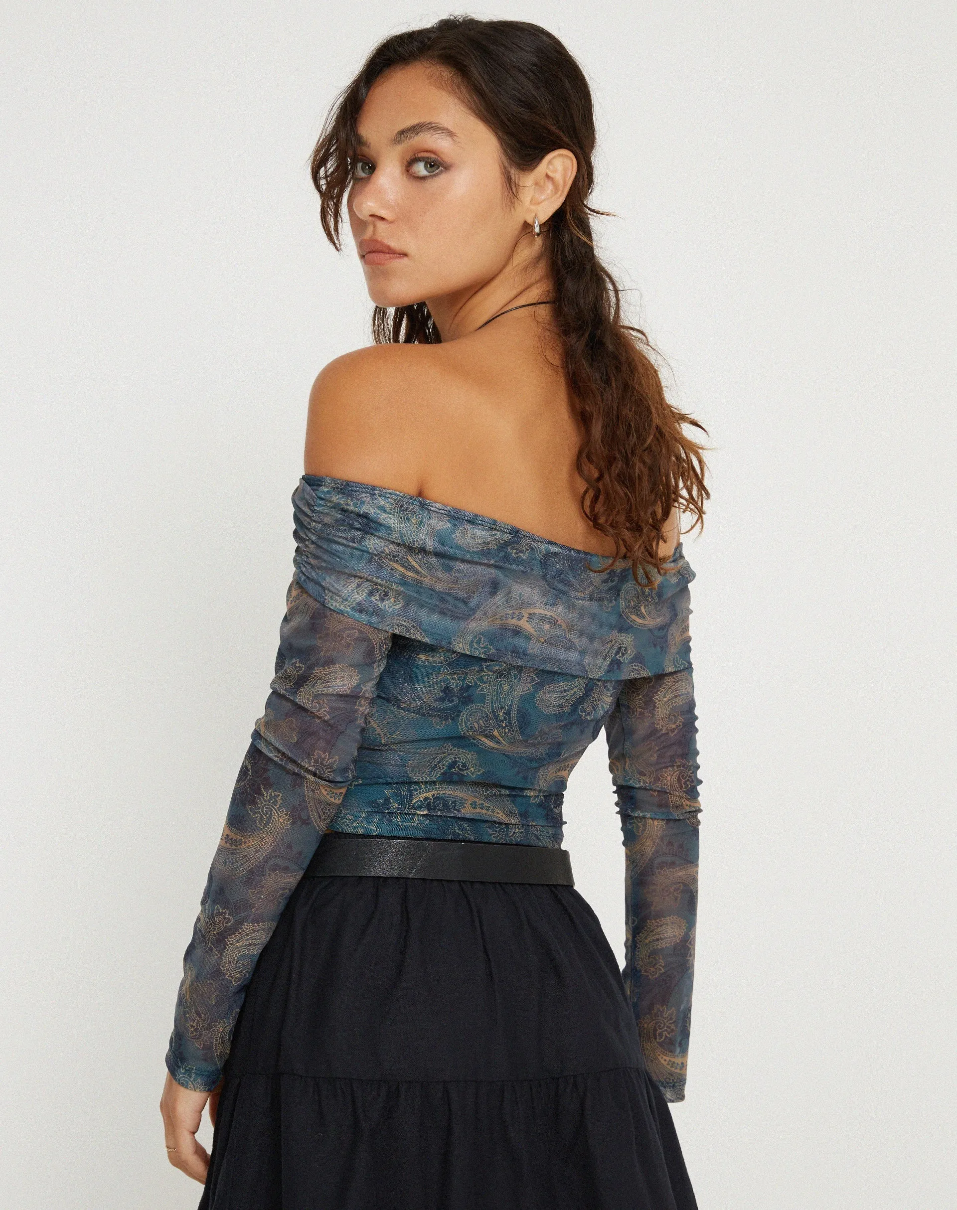 Nagini Long Sleeve Bardot Top in Tonal Blue Paisley sold by Motel Rocks product image thumbnail 3