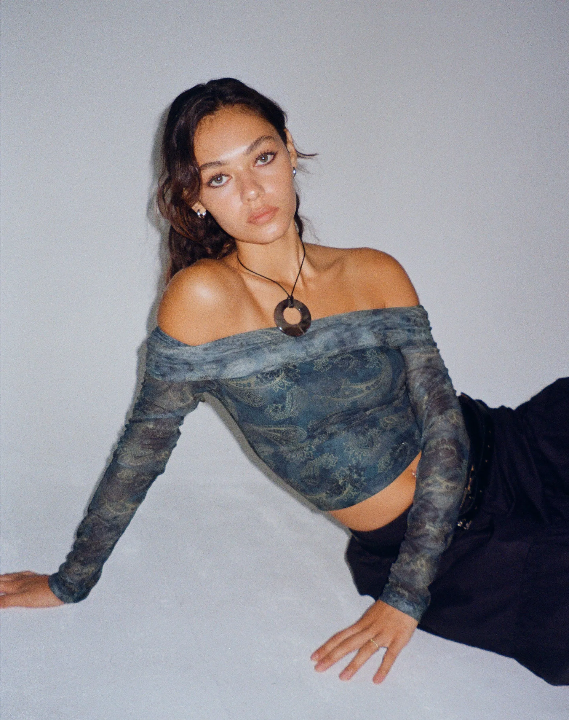 Nagini Long Sleeve Bardot Top in Tonal Blue Paisley sold by Motel Rocks