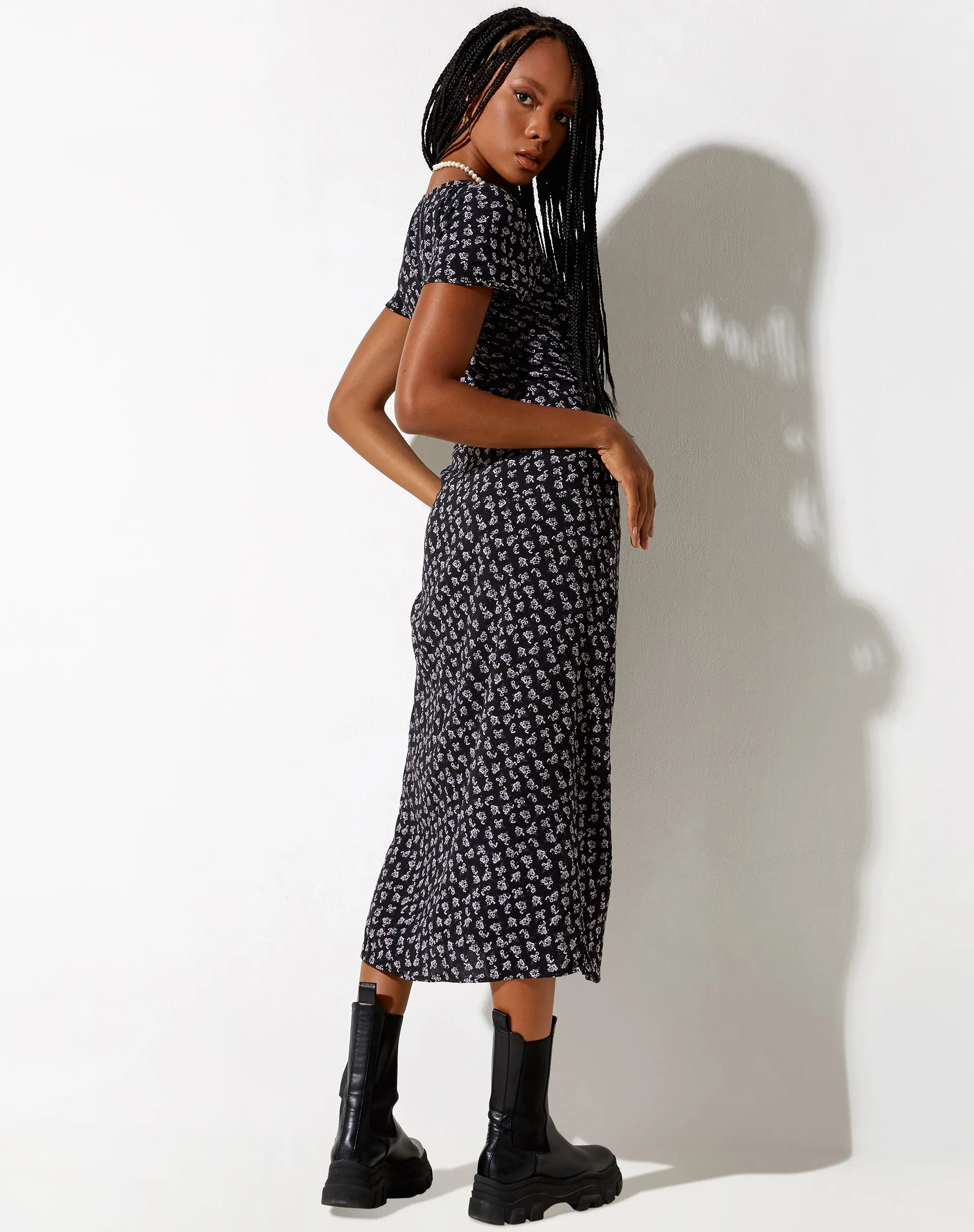 Larin Midi Dress in Dark Base Floral Black sold by Motel Rocks product image thumbnail 2