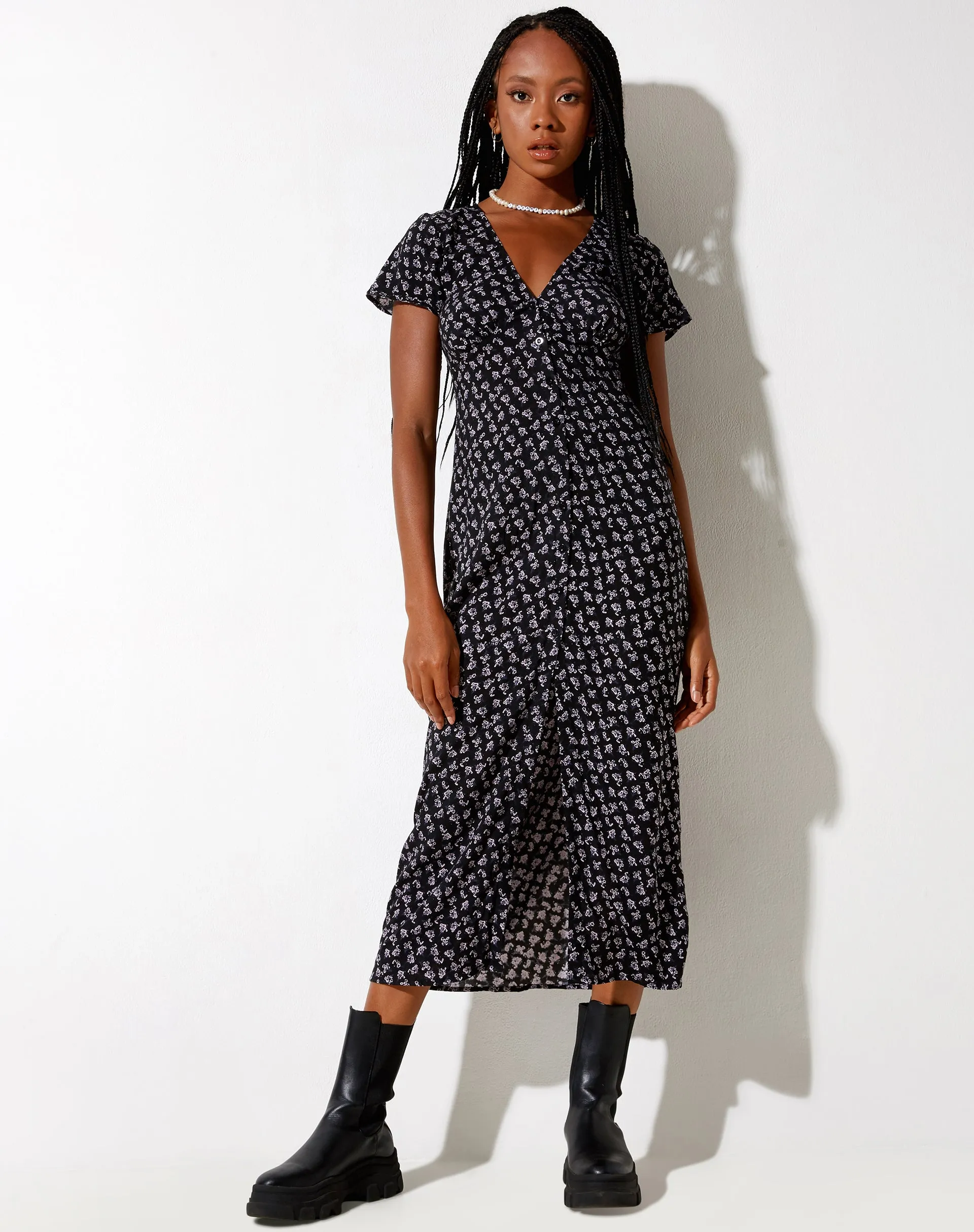 Larin Midi Dress in Dark Base Floral Black sold by Motel Rocks