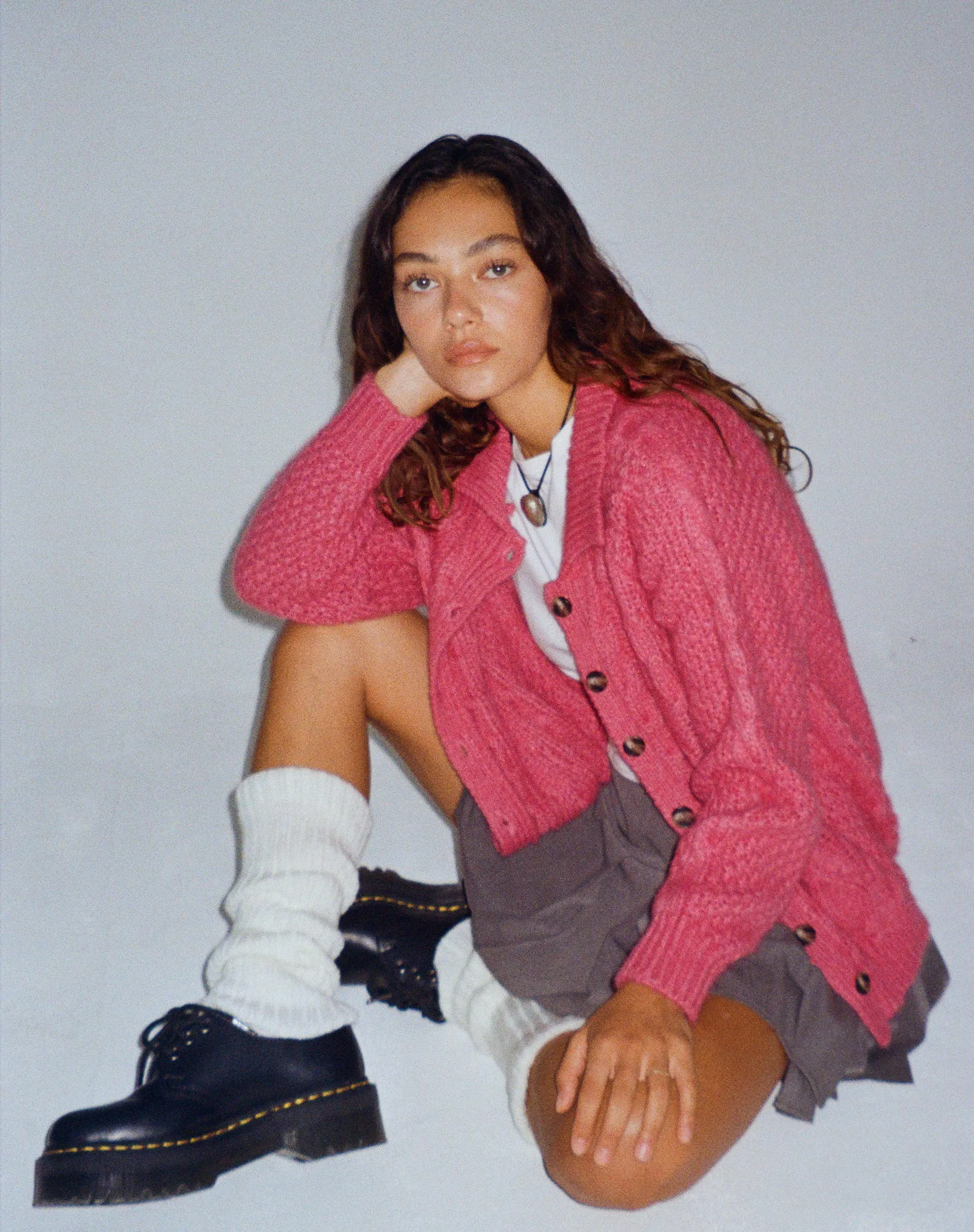 Triny Cardi in Cable Knit Pink sold by Motel Rocks