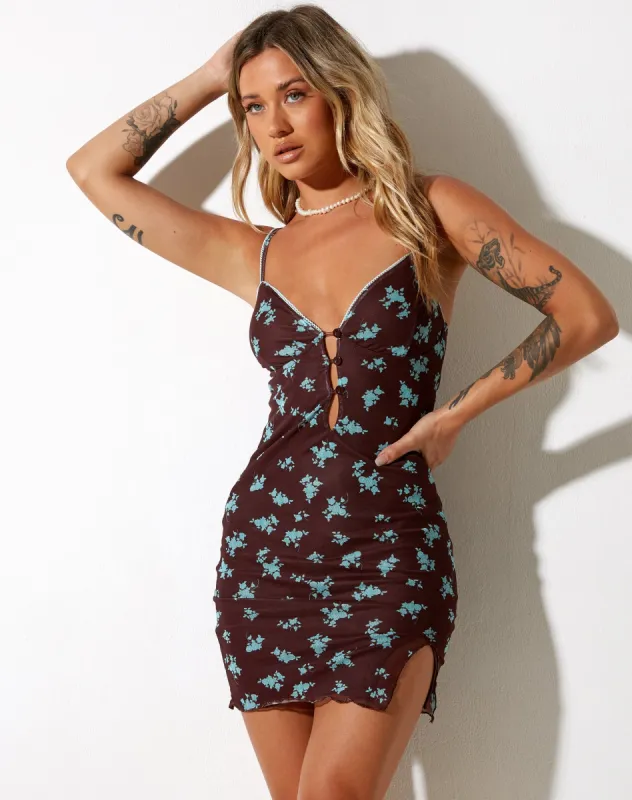 Yakinta Mini Dress in Femme Floral Blue and Brown sold by Motel Rocks