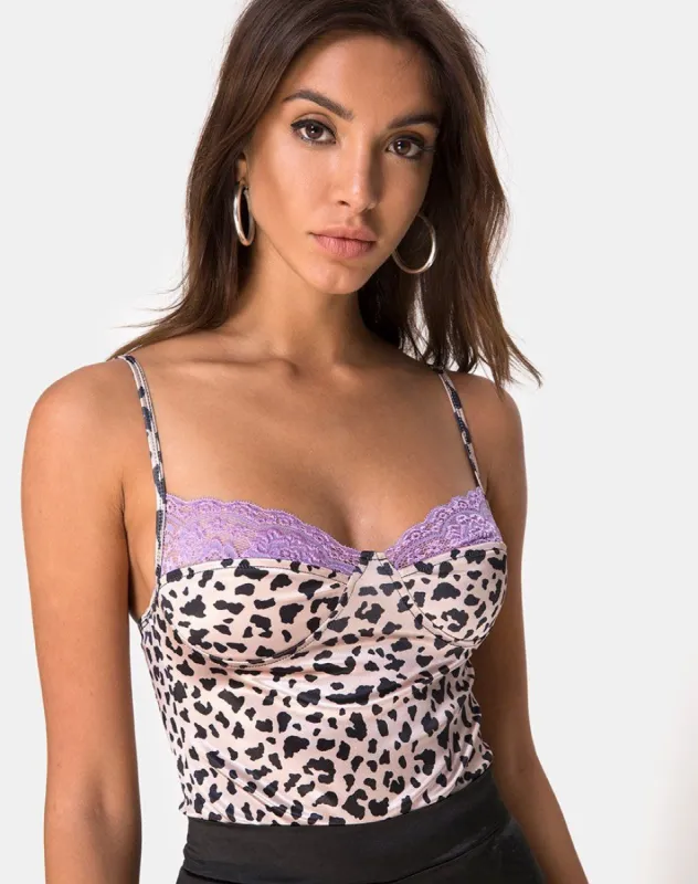 Letta Bodice in Animal Satin with Lilac Lace sold by Motel Rocks