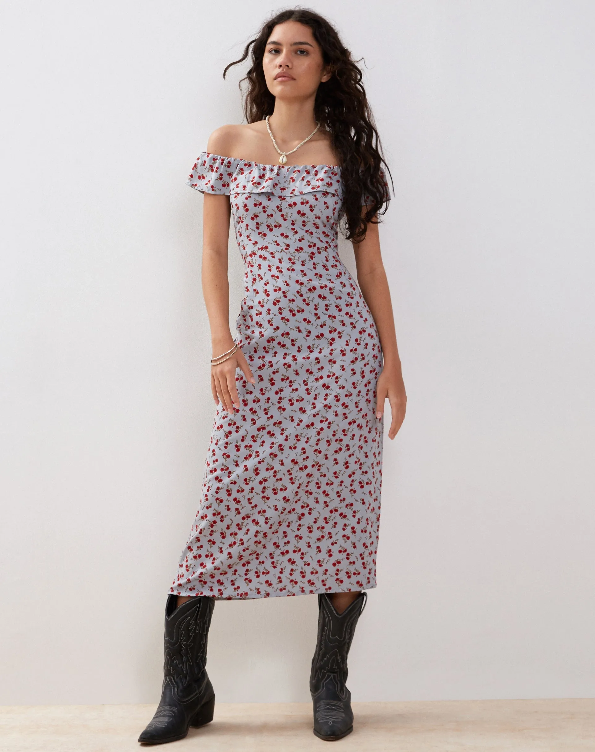 Ayudia Bardot Midi Dress in Blue Floral Ditsy sold by Motel Rocks product image thumbnail 2