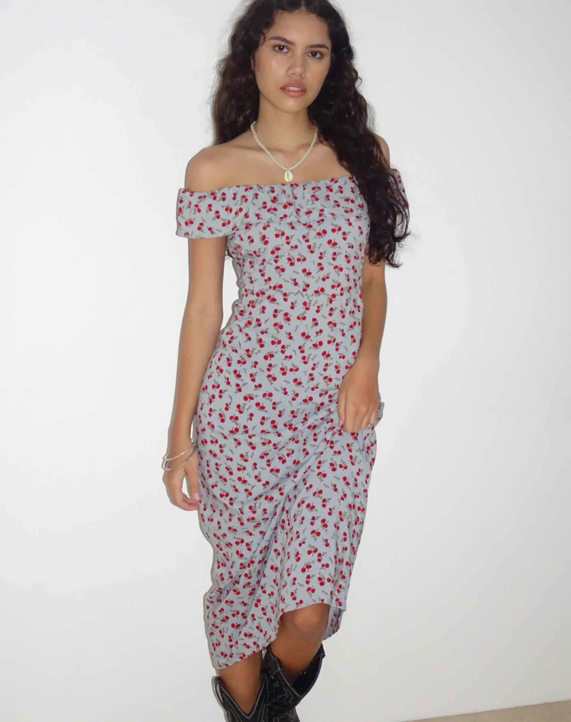 Ayudia Bardot Midi Dress in Blue Floral Ditsy sold by Motel Rocks