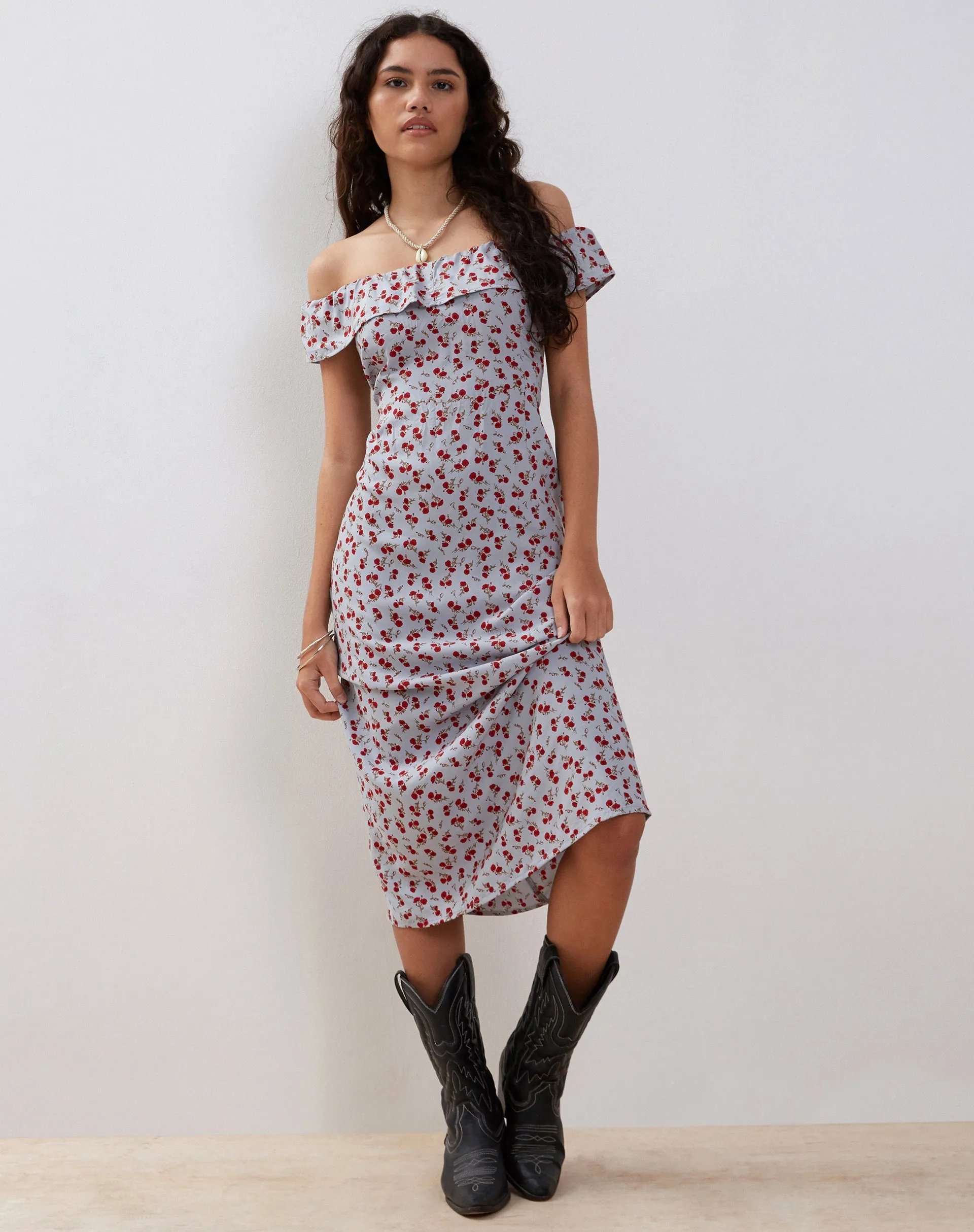 Ayudia Bardot Midi Dress in Blue Floral Ditsy sold by Motel Rocks product image thumbnail 4