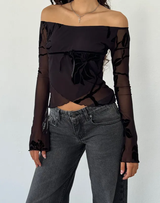Kareena Long Sleeve Bardot Top in Orchid Flock Black sold by Motel Rocks