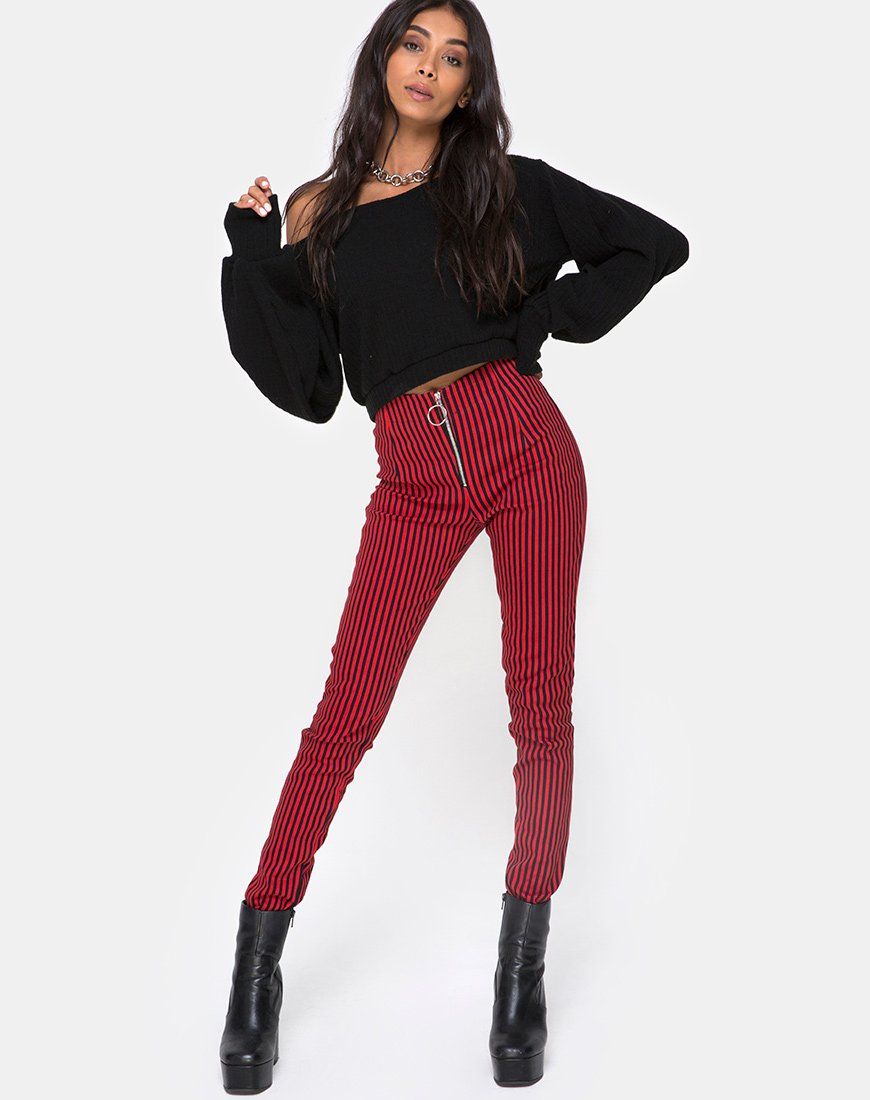 Jolim Trouser in Mini Stripe Red and Black sold by Motel Rocks