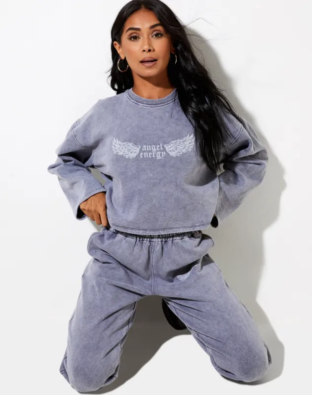 Niyo Sweatshirt in Charcoal Wash "Angel Energy" Wings sold by Motel Rocks
