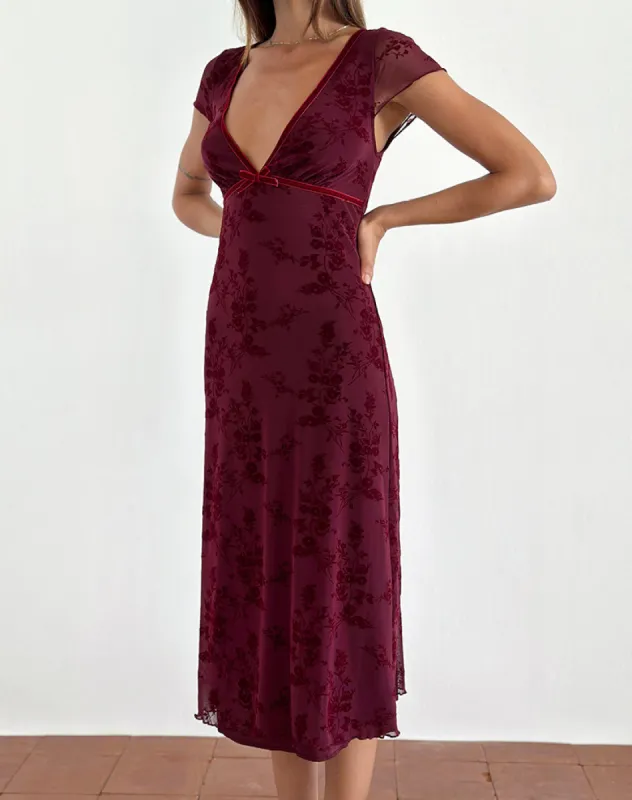 Vilinia Midi Dress in Botanical Flower Maroon sold by Motel Rocks